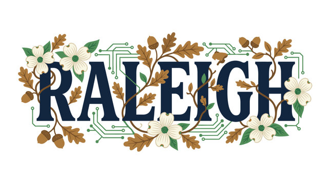 Raleigh city name with oak leaves and circuitry vector illustration