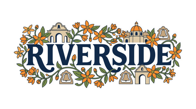 Riverside California typography with orange blossoms and mission landmarks vector illustration