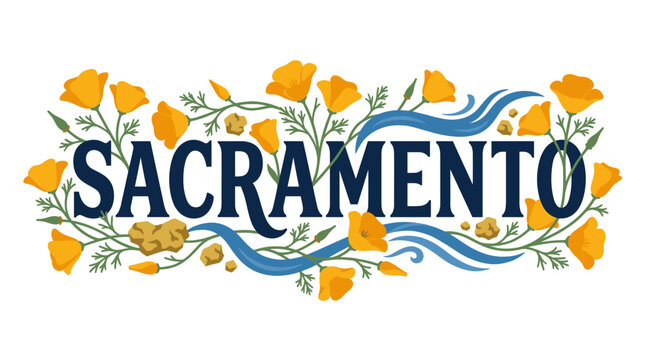 Sacramento city name with California poppies and river waves vector illustration