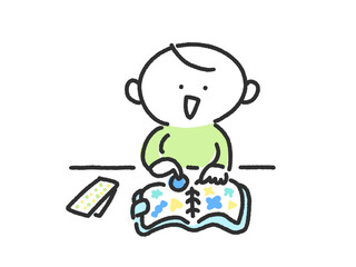 シール帳にシールを貼って遊ぶ笑顔の男性キャラクターの手描きのかわいい線画