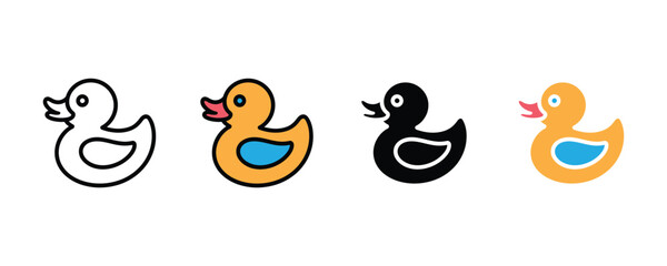 Rubber duck toy icon vector. Yellow bathtub ducky symbol for baby shower, childhood play, bath time fun, and preschool education set. Vector Illustration.