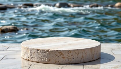 Naklejka premium Circular Natural Stone Platform with Calm Water Background in Serene Outdoor Environment