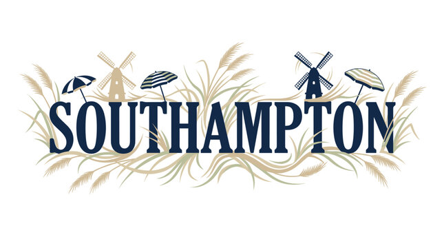 Southampton destination logo with windmills and beach grass vector illustration