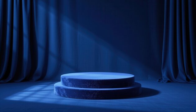 Elegant Blue Stage with Soft Lighting and Draped Curtains for Showcase or Presentation Purposes