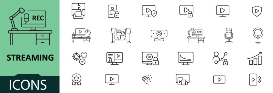Streaming icons set for video and live broadcasting services