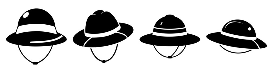 Fototapeta premium Set of four black and white stylish fedoras hats isolated on white background minimalist fashion design