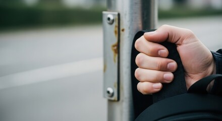 Naklejka premium Hand gripping metal pole during public transport commute, illustrating passenger stability on daily journey. Public transport offers reliable urban mobility for city residents.