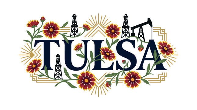 Tulsa Oklahoma vintage travel souvenir with flowers and oil derricks vector illustration