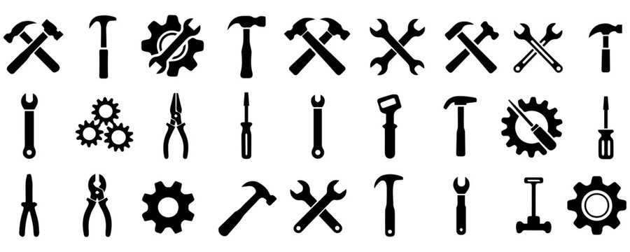 Tools icons vector collection set, Silhouettes of tools vector set isolated on white background vector illustration, hammer, cross, players, screwdriver, ranch, gear, symbol, working tools