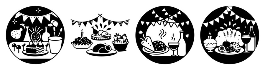 Obraz premium Halloween party celebration with black and white spooky decorations, festive desserts, and vintage frames set