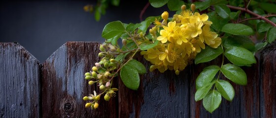 Yellow Blossoms Over Weathered Wooden Fence With Raindrops and Green Leaves in Spring Garden