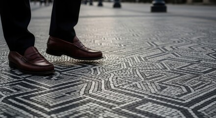 Fototapeta premium Man walking shoes on intricately patterned city pavement, stylish brown leather loafers stepping confidently. Man walking shoes suggests urban exploration and executive mobility.