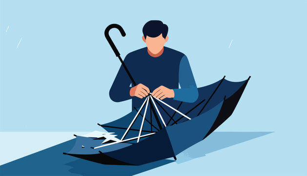 Man trying to fix a broken umbrella in the rain