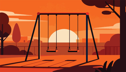 Fototapeta premium Empty playground swings at sunset, silhouetted trees and urban background