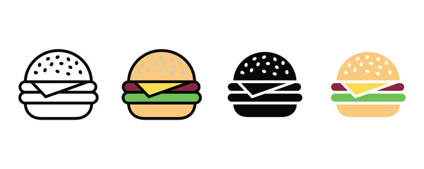 Burger icon vector. Fast food symbol for restaurant menu, cheeseburger snack, and delicious meal set. Vector Illustration.