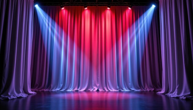 Dramatic Stage Curtains with Colorful Lighting Ready for a Performance or Show in a Theatrical Setting