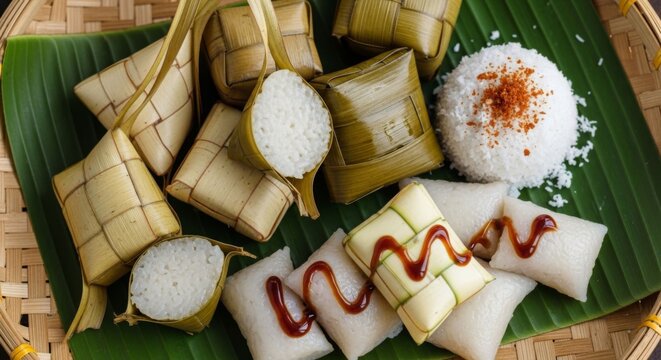 Ketupat and Nasi Impit with Rendang Sauce on Banana Leaf - Traditional Malay Cuisine