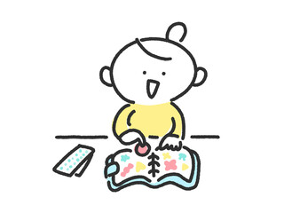 シール帳にカラフルなシールを貼って遊ぶ笑顔の女性キャラクターの手描きのかわいい線画