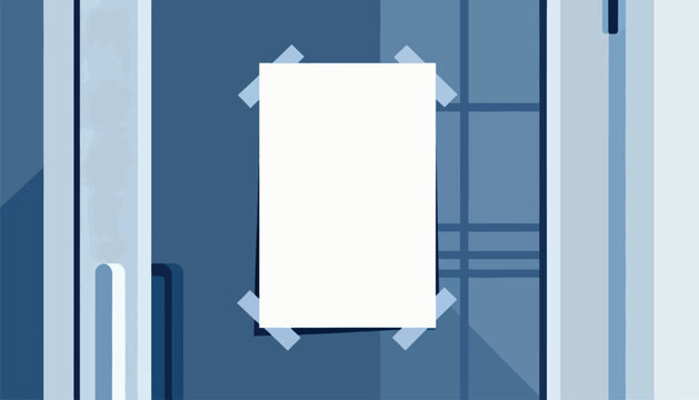 Blank paper taped to a blue wall with geometric patterns