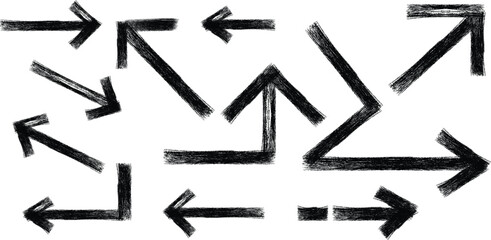 Set of black grunge arrow icons, hand-drawn charcoal directional pointers and textured architectural sketch symbols isolated on white background © Asmiya