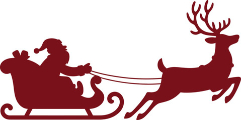 A festive silhouette of Santa Claus riding in his sleigh pulled by a reindeer during the Christmas season.