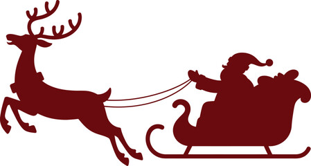 A festive holiday silhouette of Santa Claus riding in his sleigh pulled by a reindeer.