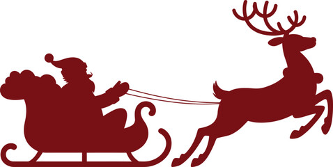 A festive holiday silhouette of Santa Claus riding in his sleigh pulled by reindeer across a white background.