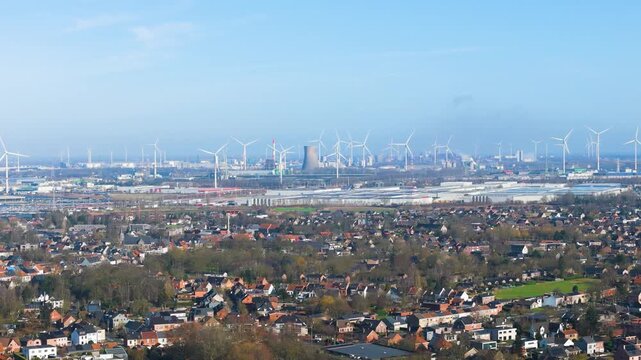 vista vast industrial horizon seaport ghent dominated by dense forest wind turbines large cooling tower sprawling logistics wide angle drone shot of belgium 