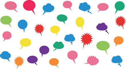 A colorful illustration of various speech bubbles in different shapes and sizes on a white background