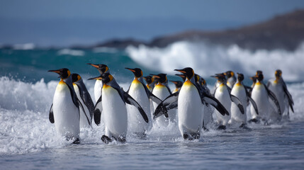 Obraz premium King penguin colony returning from the sea to a rocky beach with ocean waves and blue sky in the background, south Georgia, Antarctica