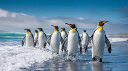 Obraz premium King penguin colony returning from the sea to a rocky beach with ocean waves and blue sky in the background, south Georgia, Antarctica
