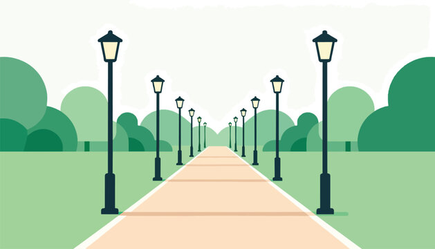 A serene park pathway lined with lampposts and lush green foliage