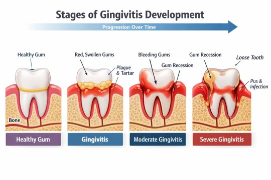 Visual showing four stages of gingivitis development from healthy gums to severe gingivitis with details about gum health.