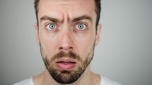Close-up studio portrait of a young man with wide eyes and raised brows, neutral background emphasizing surprise, shock, disbelief, or sudden realization captured in a raw expression