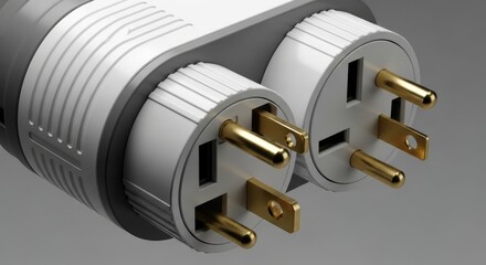 High-detail 3D render of a heavy-duty electrical plug and adapter connection, featuring gold-plated brass pins for secure power transfer against a gray studio background.