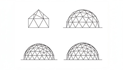 Domes geodesic set with wireframe structures and polygonal geometry featuring 3D models, futuristic design, technology with science and engineering elements for architecture, geometric shapes © Harry 