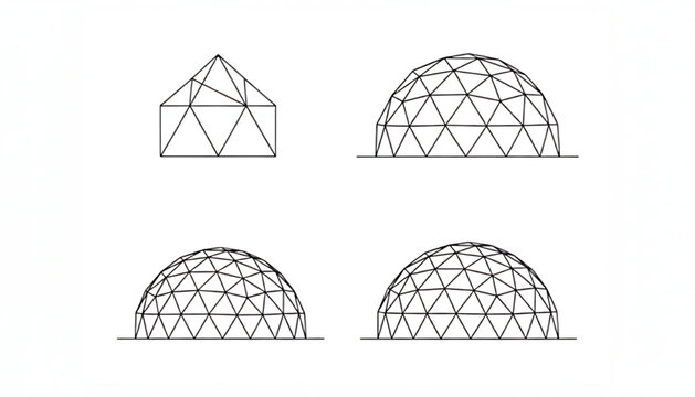 Domes geodesic set with wireframe structures and polygonal geometry featuring 3D models, futuristic design, technology with science and engineering elements for architecture, geometric shapes