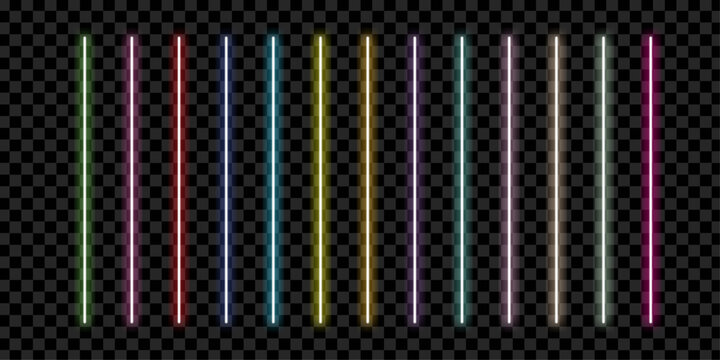 Colorful neon light tubes set vector. Glowing vertical line symbol for futuristic background, bright fluorescent lamp and electric diode illumination collection. Vector Illustration.