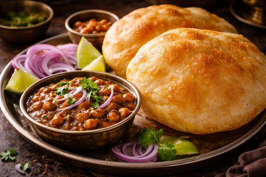 Chole bhature plated  puffed bread dramatic angle shot