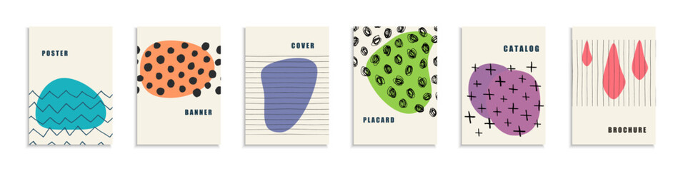 Collection of drawing art covers, templates, backgrounds, placards, brochures, banners, flyers. Creative hand drawn posters with color shapes and sketch print