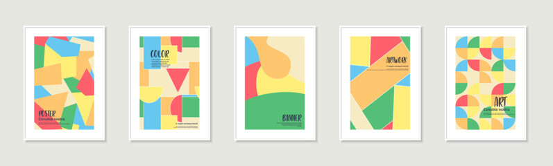 Collection of vector colorful posters with abstract geometric shapes. Creative covers in modern art fashion style. Bright trendy placards, brochures, banners, backgrounds