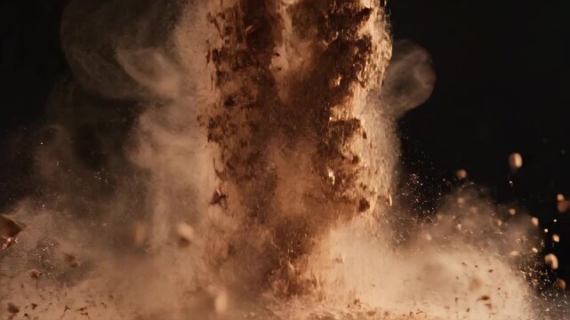 Brown cocoa powder falling in slow motion against a black background. Fine chocolate dust particles dispersing and settling. Baking ingredient preparation concept