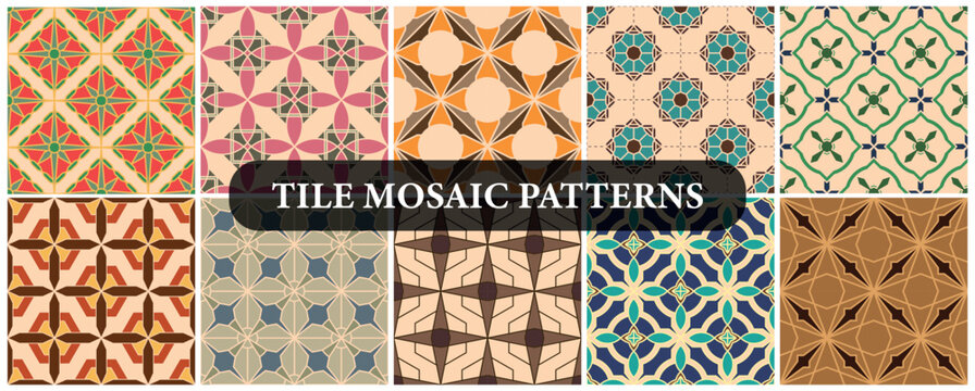Collection of bright colorful seamless geometric mosaic tile patterns. Decorative ornamental vintage repeatable backgrounds