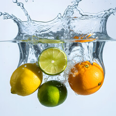 "Colorful Citrus Splash &mdash; Lemon, Lime and Orange Halves Creating Dramatic Water Splash Crown, High-Speed Fruit Drop on Light Blue Background"