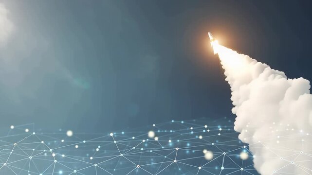 Digital technology network supports business growth as a rocket launches into the night sky over a modern city