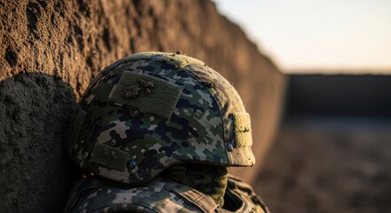 Obraz premium Camouflage military helmet rests against rough wall during golden hour. Military helmet provides tactical protection for soldier in active duty. Concept military helmet for defense reporting,