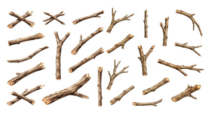 A charming watercolor collection of rustic wooden sticks, including broken branches, natural tree limbs, textured bark details, and forest-inspired organic shapes. © liana