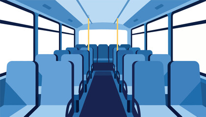 Fototapeta premium Inside view of a modern, empty bus with rows of blue seats and large windows