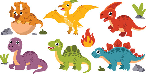 Obraz premium Collection of cute cartoon dinosaurs in various colors and poses on a white background