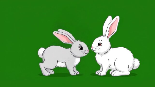 Animated cartoon rabbits on a green background gray and white bunnies childlike illustration